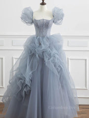 Prom Dress Patterns, Gray tulle beads long prom dress, gray tulle formal dress