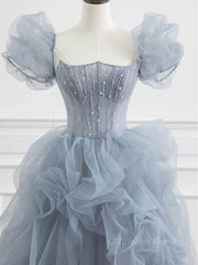 Prom Dresses With Slits, Gray tulle beads long prom dress, gray tulle formal dress