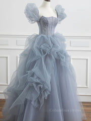 Prom Dress Long Ball Gown, Gray tulle beads long prom dress, gray tulle formal dress