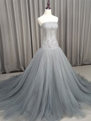 Bridesmaid Dresses For Winter Wedding, Gray Tulle Beads Long Prom Dress Gray Tulle Formal Evening Graduation Dresses