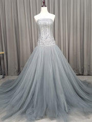 Bridesmaids Dresses Vintage, Gray Tulle Beads Long Prom Dress Gray Tulle Formal Evening Graduation Dresses