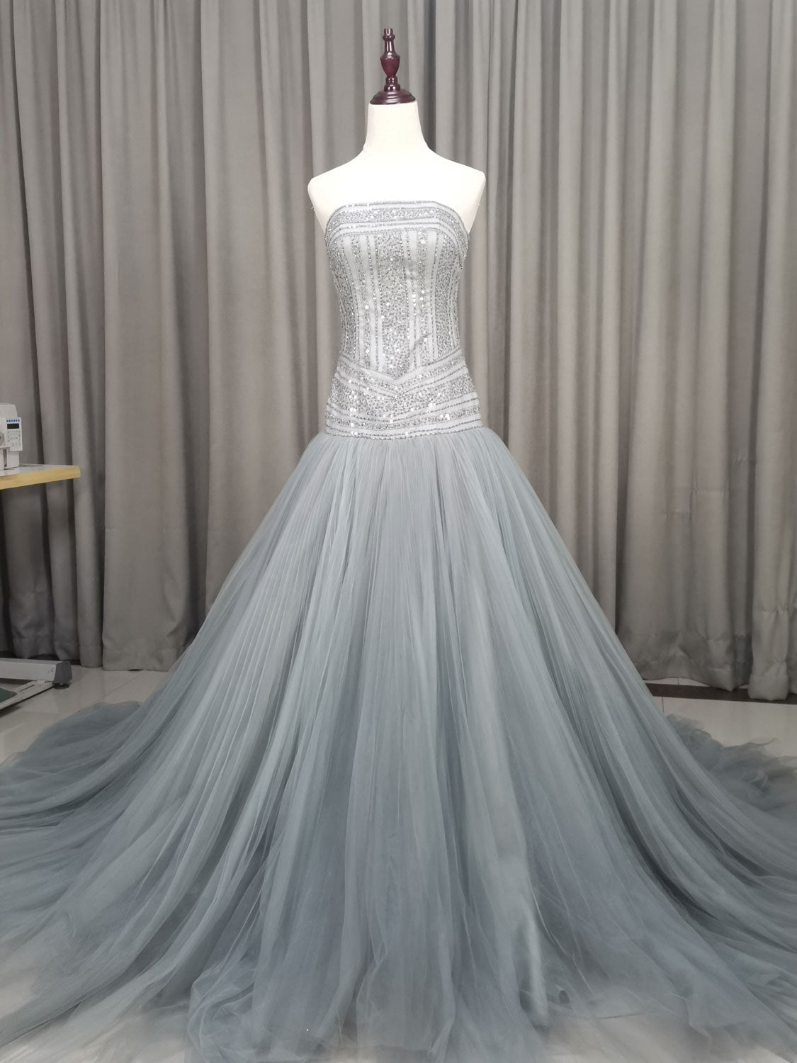 Bridesmaid Dresses Winter Wedding, Gray Tulle Beads Long Prom Dress Gray Tulle Formal Evening Graduation Dresses