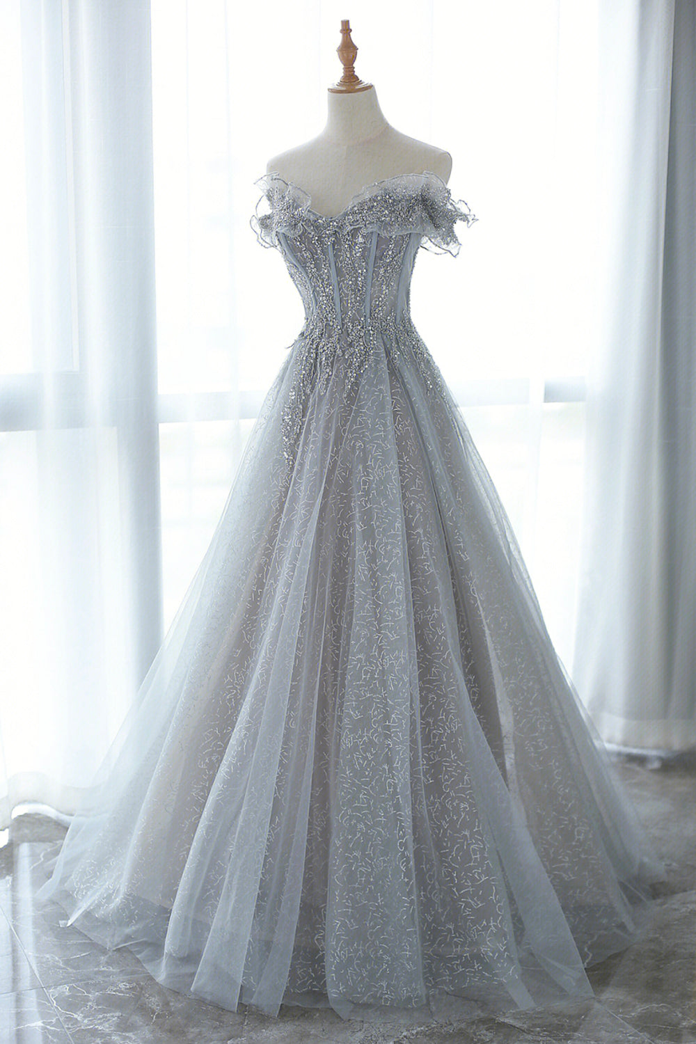 Prom Dress And Boots, Gray Tulle Lace Floor Length Evening Dress, Off the Shoulder Prom Dress