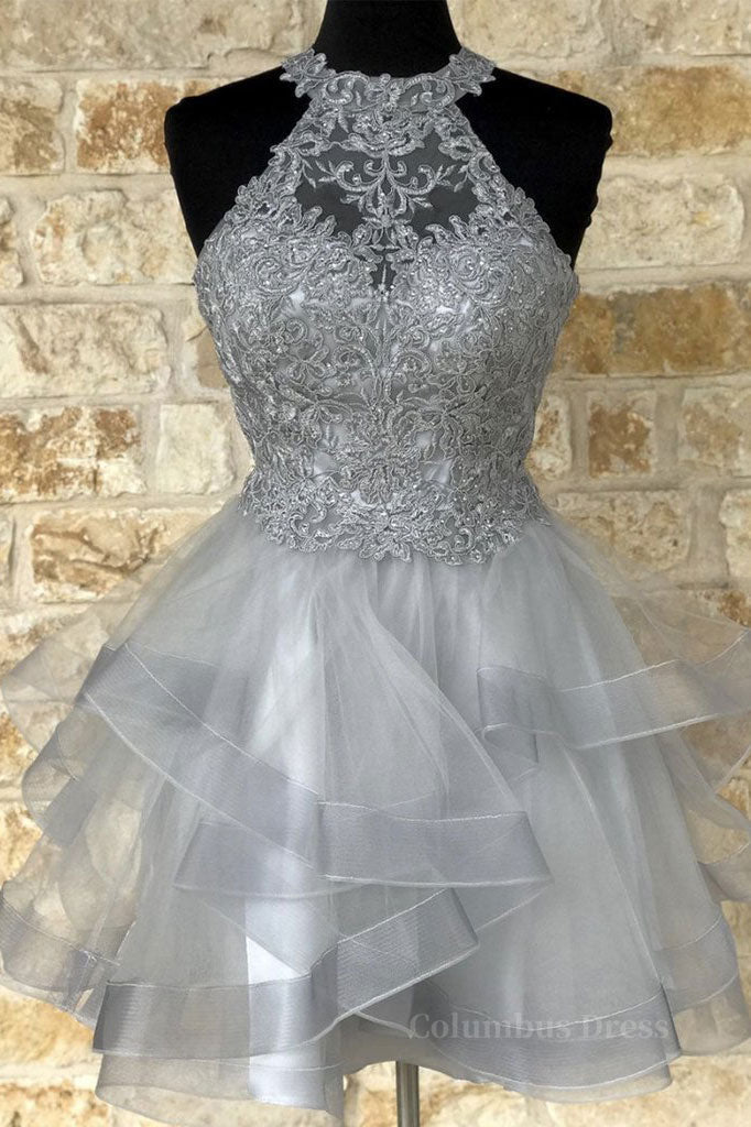 Prom Dress Elegent, Gray tulle lace high neck short prom dress gray homecoming dress