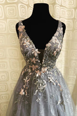 Prom Dresses For 21 Year Olds, Gray Tulle Lace long A-Line Prom Dress, Gray V-Neck Evening Party Dress