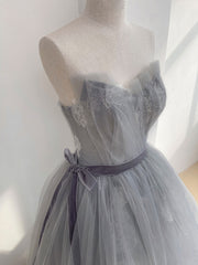 Party Dress Midi With Sleeves, Gray Tulle Lace Long Prom Dress, Gray Ball Gown Formal Dresses