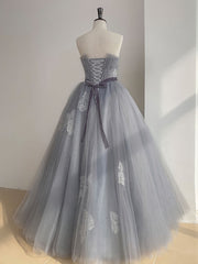 Strapless Prom Dress, Gray Tulle Lace Long Prom Dress, Gray Ball Gown Formal Dresses