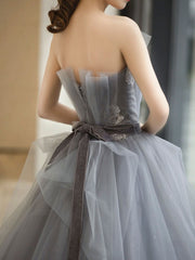 Backless Dress, Gray Tulle Lace Long Prom Dress, Gray Ball Gown Formal Dresses