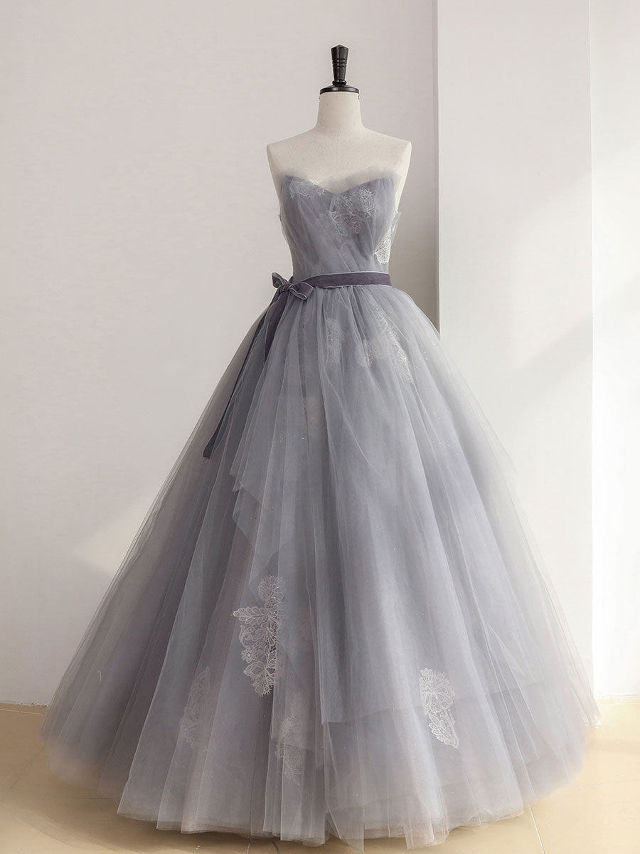 Fancy Outfit, Gray Tulle Lace Long Prom Dress, Gray Ball Gown Formal Dresses