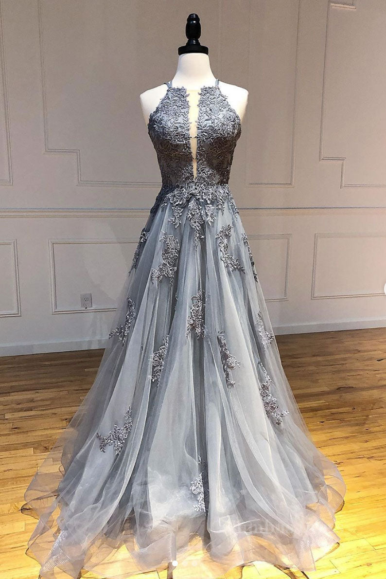 Homecomeing Dresses Blue, Gray tulle lace long prom dress gray tulle lace formal dress