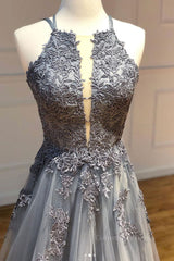 Homecoming Dress Blue, Gray tulle lace long prom dress gray tulle lace formal dress