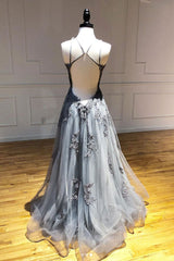 Homecoming Dresses Blues, Gray tulle lace long prom dress gray tulle lace formal dress