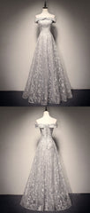 Evening Dresses Modest, Gray tulle lace long prom dress, lace tulle bridesmaid dress