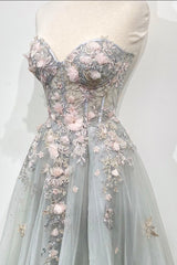 Prom Dress Guide, Gray Tulle Lace Long Strapless Prom Dress, A-Line Formal Evening Dress