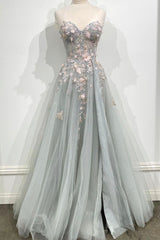 Prom Dresses Guide, Gray Tulle Lace Long Strapless Prom Dress, A-Line Formal Evening Dress