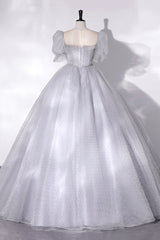 Homecomming Dress With Sleeves, Gray Tulle Long A-Line Ball Gown, Gray Short Sleeve Evening Gown