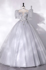 Homecomeing Dresses Bodycon, Gray Tulle Long A-Line Ball Gown, Gray Short Sleeve Evening Gown