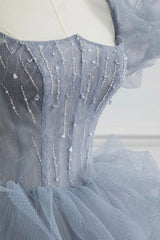 Party Dresses For Teenage Girls, Gray Tulle Long A-Line Prom Dress, Gray Short Sleeve Evening Dress