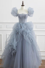 Party Dresses For Teenage Girl, Gray Tulle Long A-Line Prom Dress, Gray Short Sleeve Evening Dress