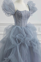 Party Dress For Teenage Girl, Gray Tulle Long A-Line Prom Dress, Gray Short Sleeve Evening Dress