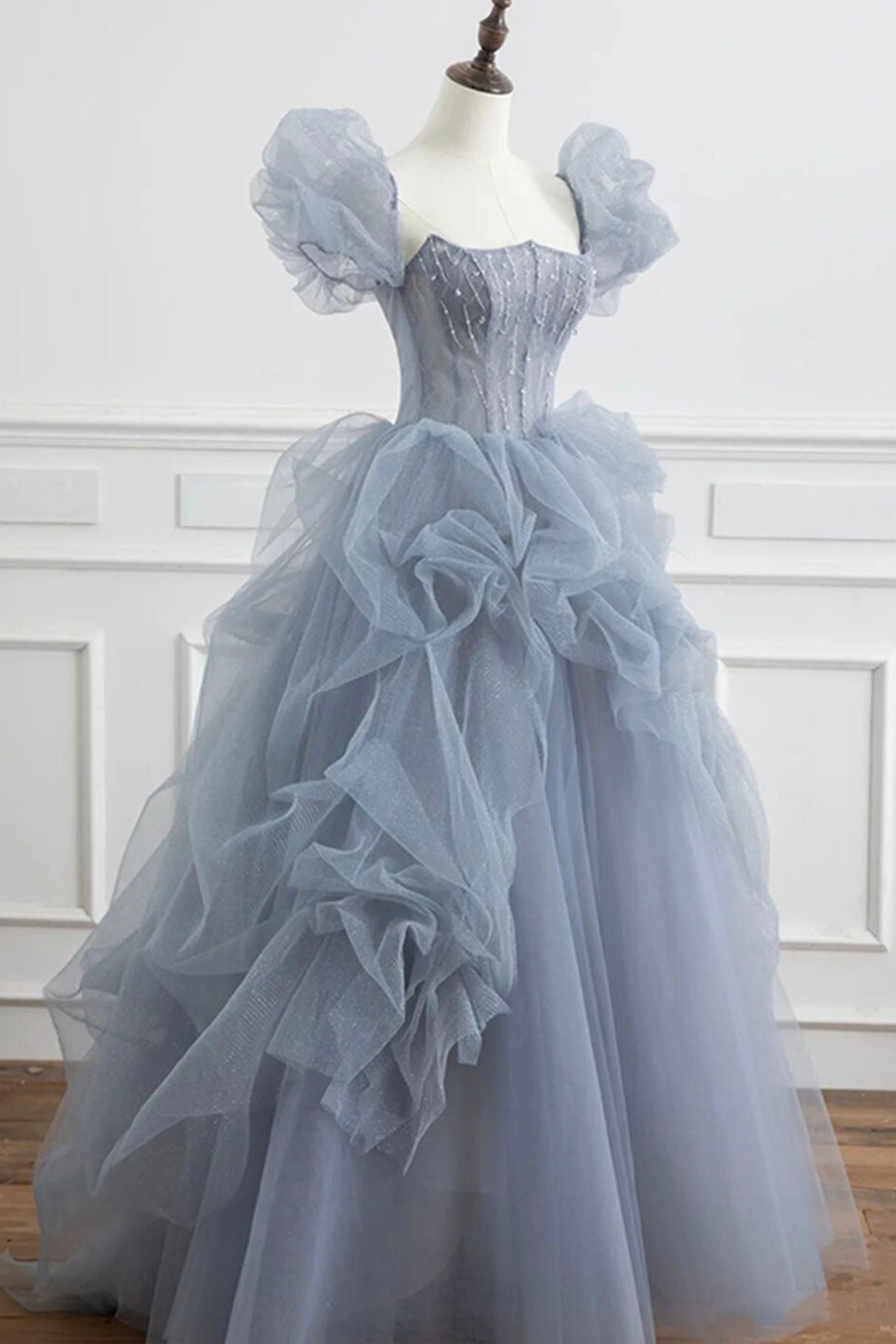 Party Dresses For Summer, Gray Tulle Long A-Line Prom Dress, Gray Short Sleeve Evening Dress