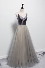 Prom Dresses 2032 Black Girl, Gray Tulle Long A-Line Prom Dress, V-Neck Spaghetti Straps Evening Dress