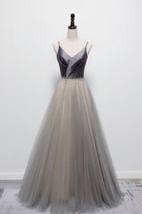 Prom Dresses Sage Green, Gray Tulle Long A-Line Prom Dress, V-Neck Spaghetti Straps Evening Dress