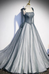 Party Dresses Indian, Gray Tulle Long A-Line Prom Dress with Beaded, Spaghetti Straps Gray Evening Dress