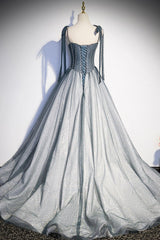 Party Dress Indian, Gray Tulle Long A-Line Prom Dress with Beaded, Spaghetti Straps Gray Evening Dress