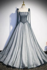 Party Dresses Clubwear, Gray Tulle Long A-Line Prom Dress with Beaded, Spaghetti Straps Gray Evening Dress