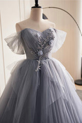 Bridesmaid Dress Vintage, Gray Tulle Long Prom Dress, Off Shoulder Evening Dress Party Dress