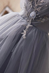 Bridesmaids Dresses Vintage, Gray Tulle Long Prom Dress, Off Shoulder Evening Dress Party Dress