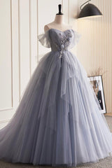 Bridesmaid Dress Winter, Gray Tulle Long Prom Dress, Off Shoulder Evening Dress Party Dress