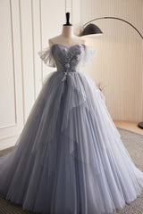 Bridesmaid Dresses For Winter Wedding, Gray Tulle Long Prom Dress, Off Shoulder Evening Dress Party Dress