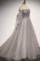 Prom Dresses 2033 Fashion Outfit, Gray Tulle Long Sleeve A-Line Prom Dress, Spaghetti Straps Formal Evening Dress