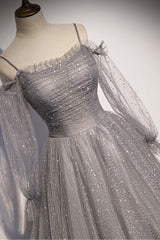 Prom Dress Cute, Gray Tulle Long Sleeve A-Line Prom Dress, Spaghetti Straps Formal Evening Dress