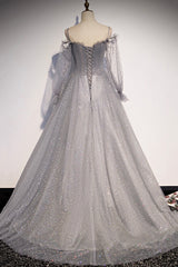 Prom Dresses Cute, Gray Tulle Long Sleeve A-Line Prom Dress, Spaghetti Straps Formal Evening Dress