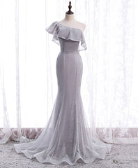 Evening Dress Designs, Gray Tulle Mermaid Long Prom Dress Gray Tulle Formal Dress