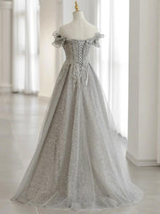 Formal Dresses Near Me, Gray Tulle Sequin Lace Off Shoulder Long Prom Dress, Gray Evening Dress