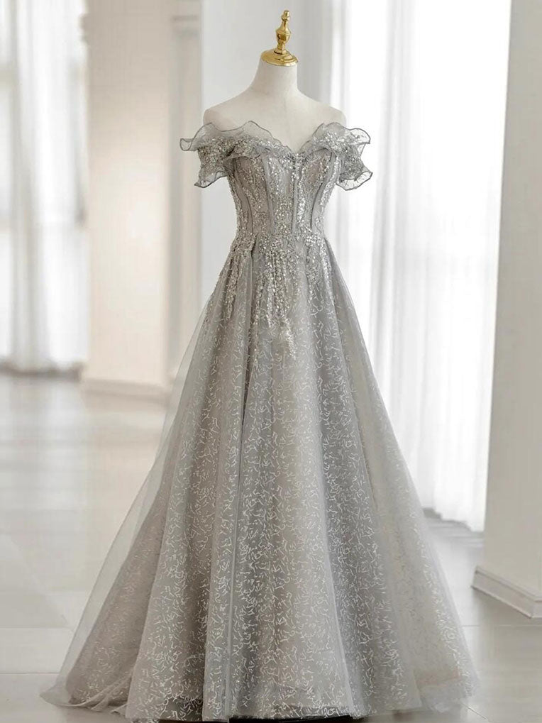 Formal Dresses Websites, Gray Tulle Sequin Lace Off Shoulder Long Prom Dress, Gray Evening Dress