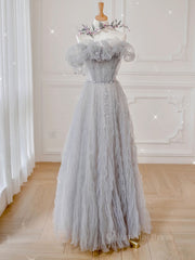 Prom Dress Idea, Gray tulle sequin long prom dress, gray tulle formal dress