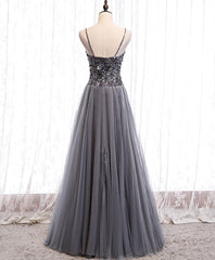 Evening Dresses Suits, Gray Tulle Sequin Long Prom Dress, Gray Tulle Formal Dress with Beading Sequin