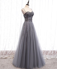 Evening Dress Gold, Gray Tulle Sequin Long Prom Dress, Gray Tulle Formal Dress with Beading Sequin