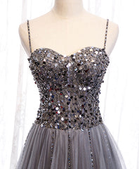 Evening Dresses Yellow, Gray Tulle Sequin Long Prom Dress, Gray Tulle Formal Dress with Beading Sequin