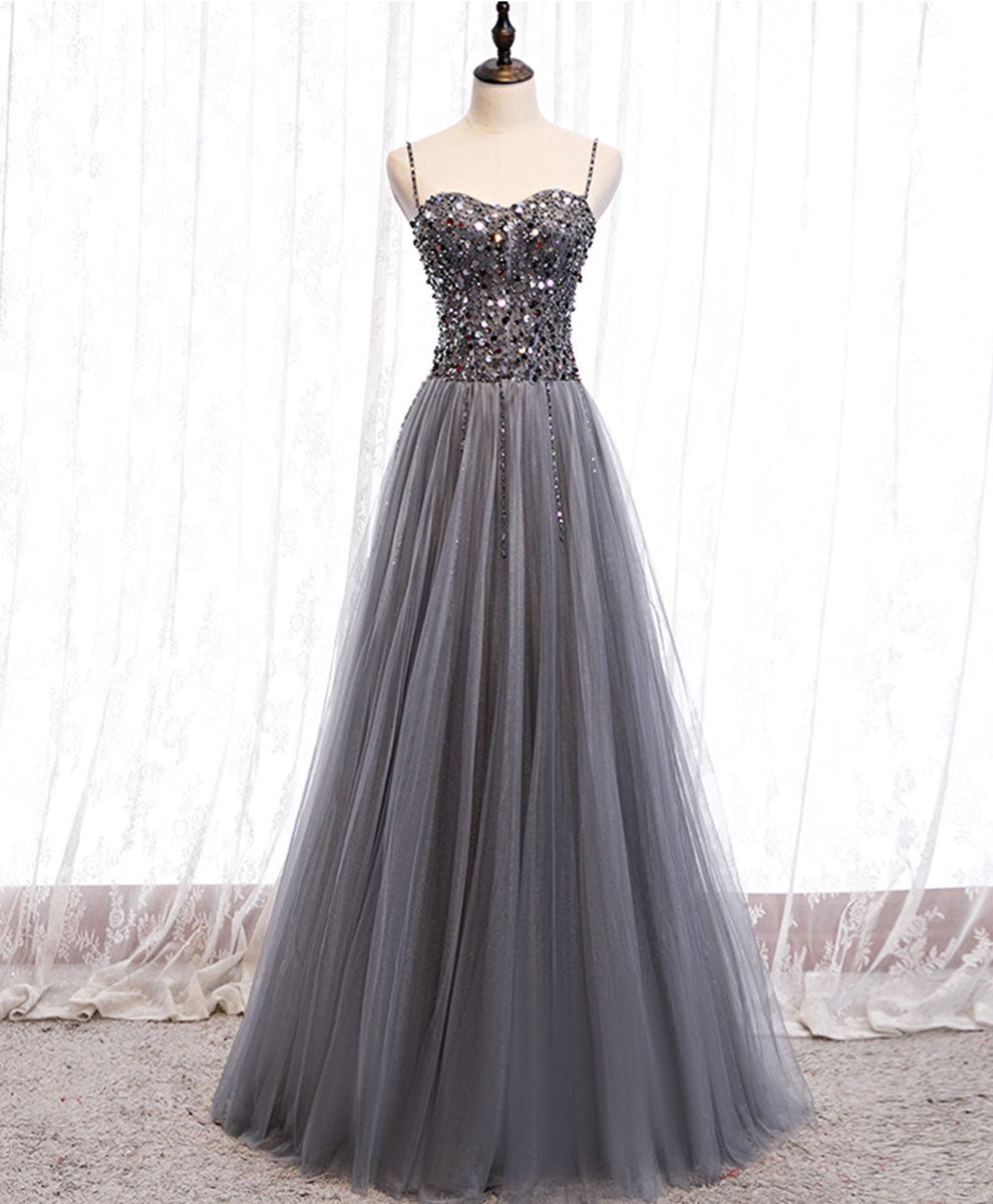 Evening Dress Suit, Gray Tulle Sequin Long Prom Dress, Gray Tulle Formal Dress with Beading Sequin