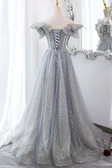 Quinceanera Dress, Gray Tulle Sequins Long A-Line Prom Dress, Off the Shoulder Graduation Dress