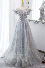 Dress Outfit, Gray Tulle Sequins Long A-Line Prom Dress, Off the Shoulder Graduation Dress