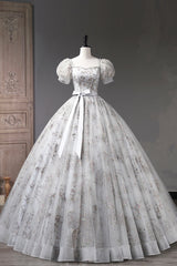 Short Wedding Dress, Gray Tulle Sequins Long Prom Dress, A-Line Evening Party Dress