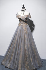 Party Dress Reception Wedding, Gray Tulle Sequins Long Prom Dress, Off Shoulder Evening Dress