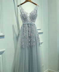 Evening Dresses Short, Gray V Neck Lace Tulle Long Prom Dress, Lace Evening Dress